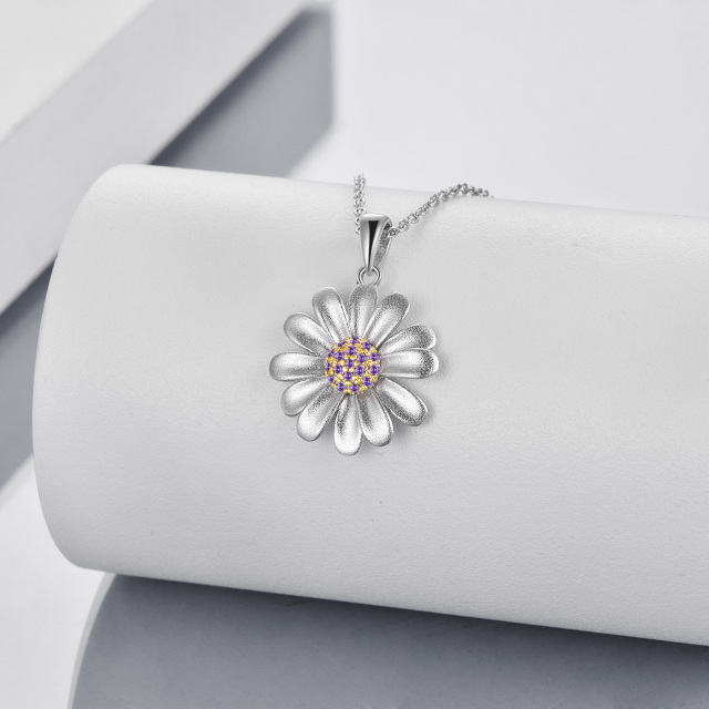 Sterling Silver Two-tone Cubic Zirconia Daisy Pendant Necklace-2