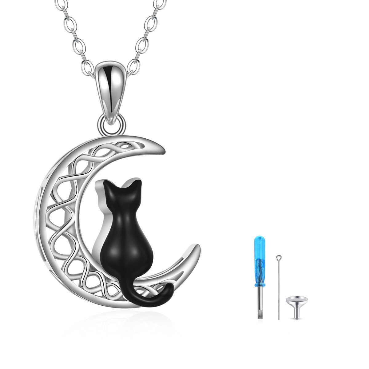Collier pour cendres en argent sterling bicolore chat noir nœud celtique et lune-1