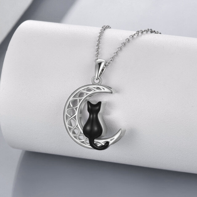 Sterling Silver Two-tone Black Cat Celtic Knot & Moon Urn Necklace for Ashes-2