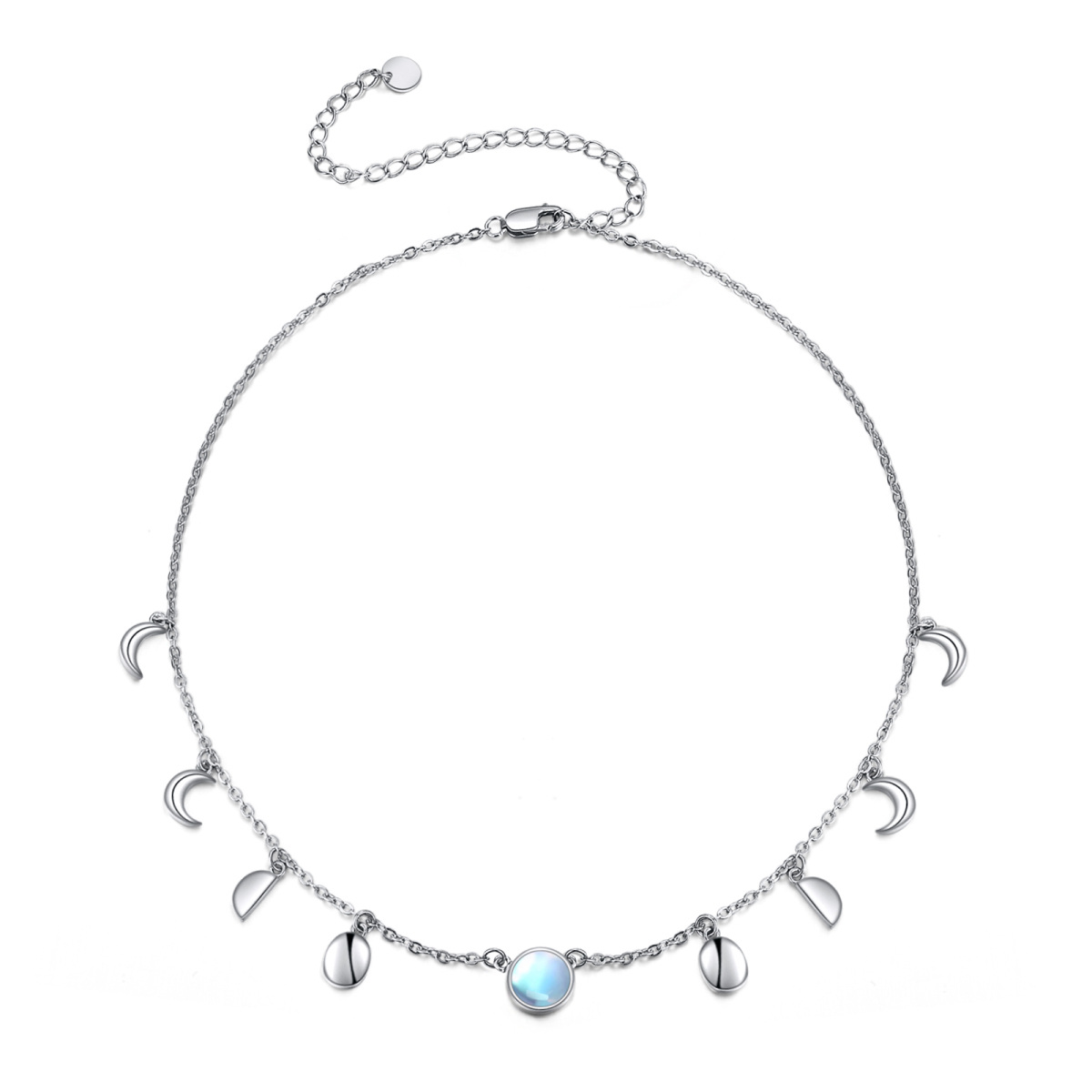 Sterling Silver Round Moonstone Moon Metal Choker Necklace-1