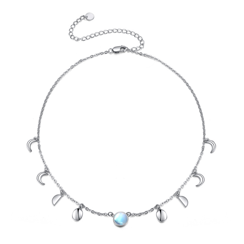 Sterling Silver Round Moonstone Moon Metal Choker Necklace