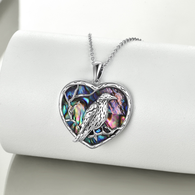 Sterling Silver Heart Abalone Shellfish Raven & Heart Pendant Necklace-2