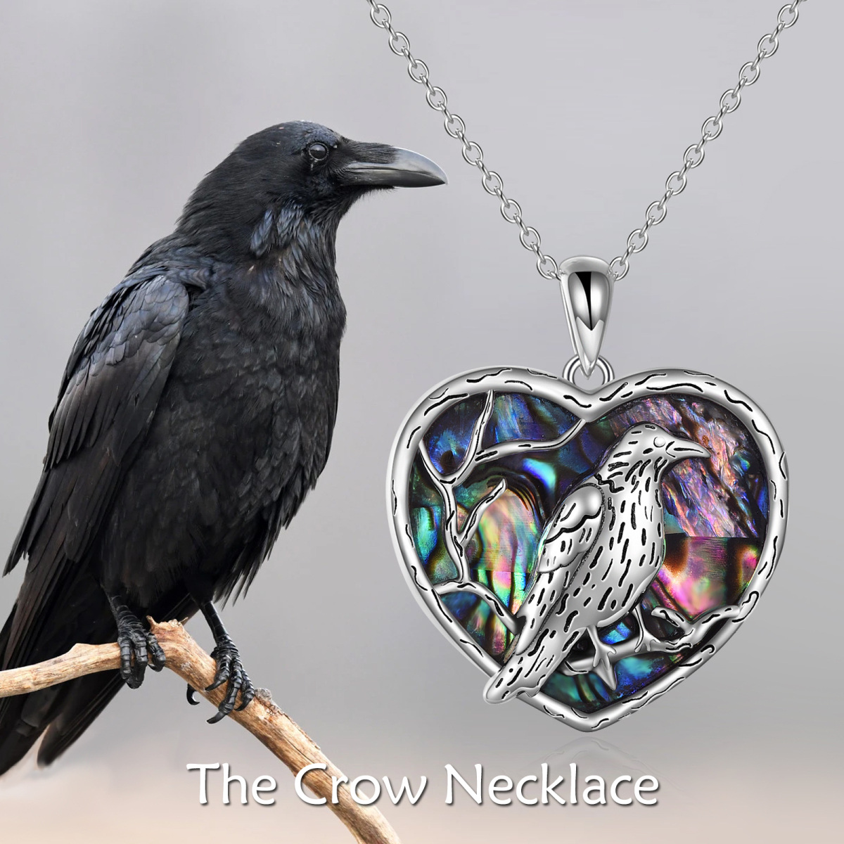 Sterling Silver Heart Abalone Shellfish Raven & Heart Pendant Necklace-6