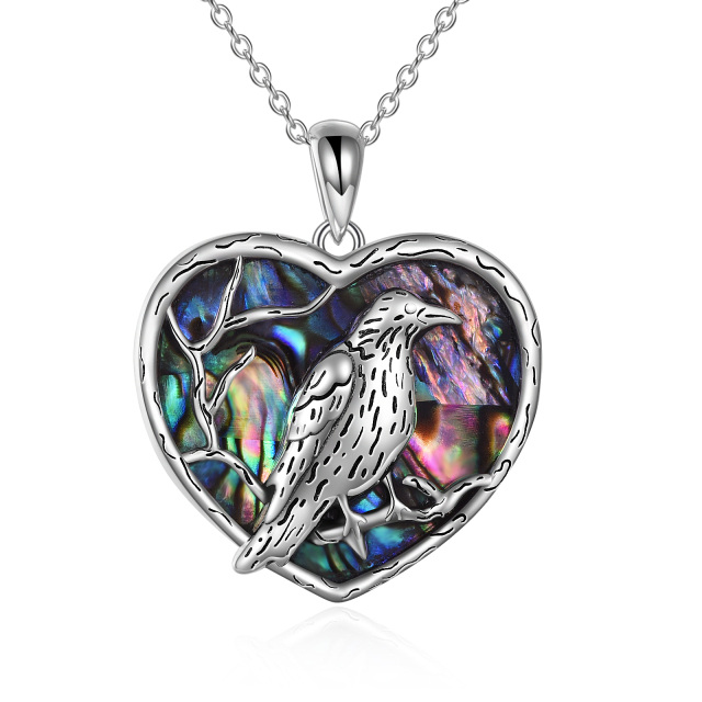 Sterling Silver Heart Abalone Shellfish Raven & Heart Pendant Necklace-0