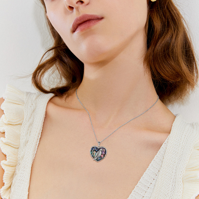 Sterling Silver Heart Abalone Shellfish Raven & Heart Pendant Necklace-1