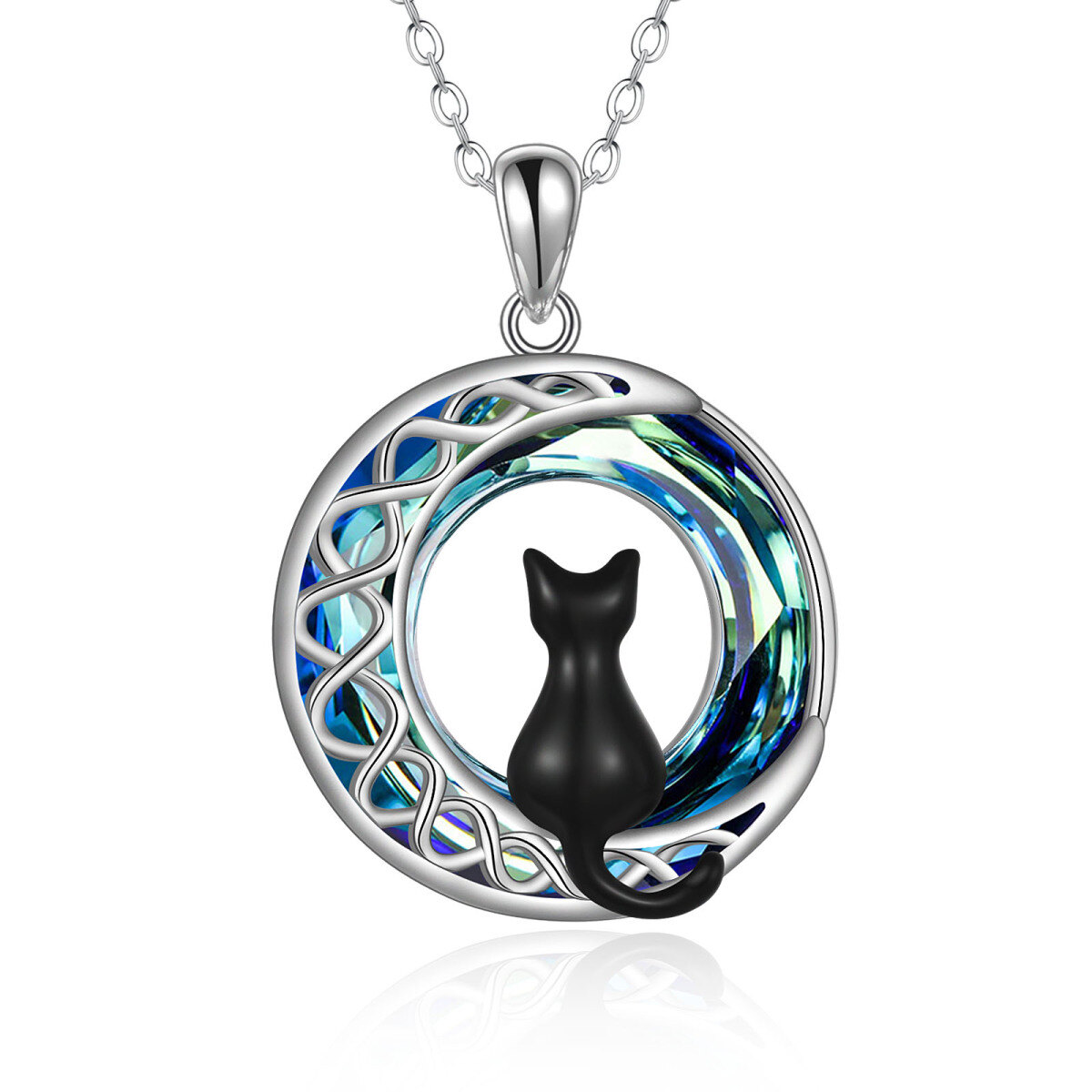Sterling Silver Two-tone Circular Shaped Cat & Celtic Knot & Moon Crystal Pendant Necklace-1