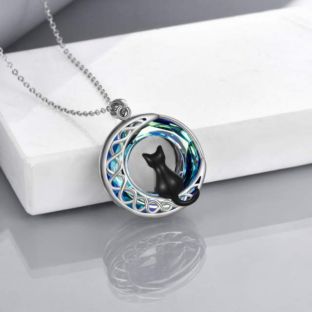 Sterling Silver Two-tone Circular Shaped Cat & Celtic Knot & Moon Crystal Pendant Necklace-3