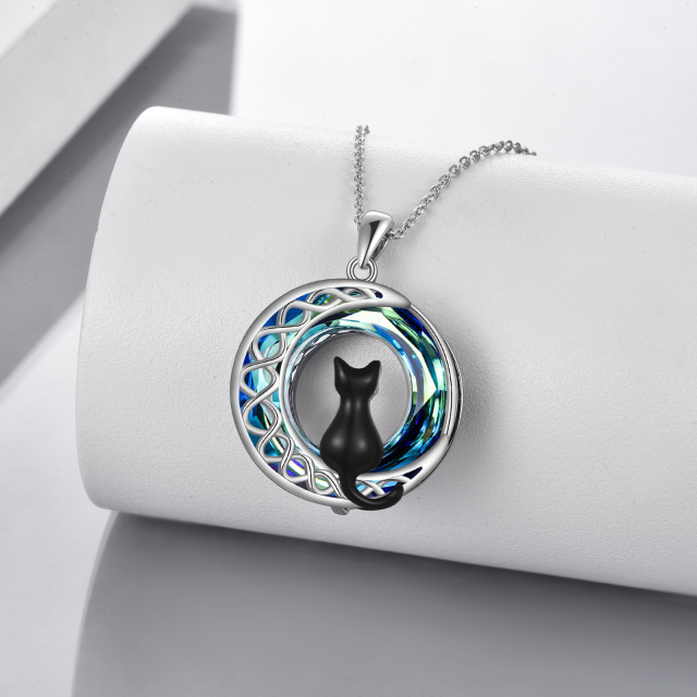 Sterling Silver Two-tone Circular Shaped Cat & Celtic Knot & Moon Crystal Pendant Necklace-2