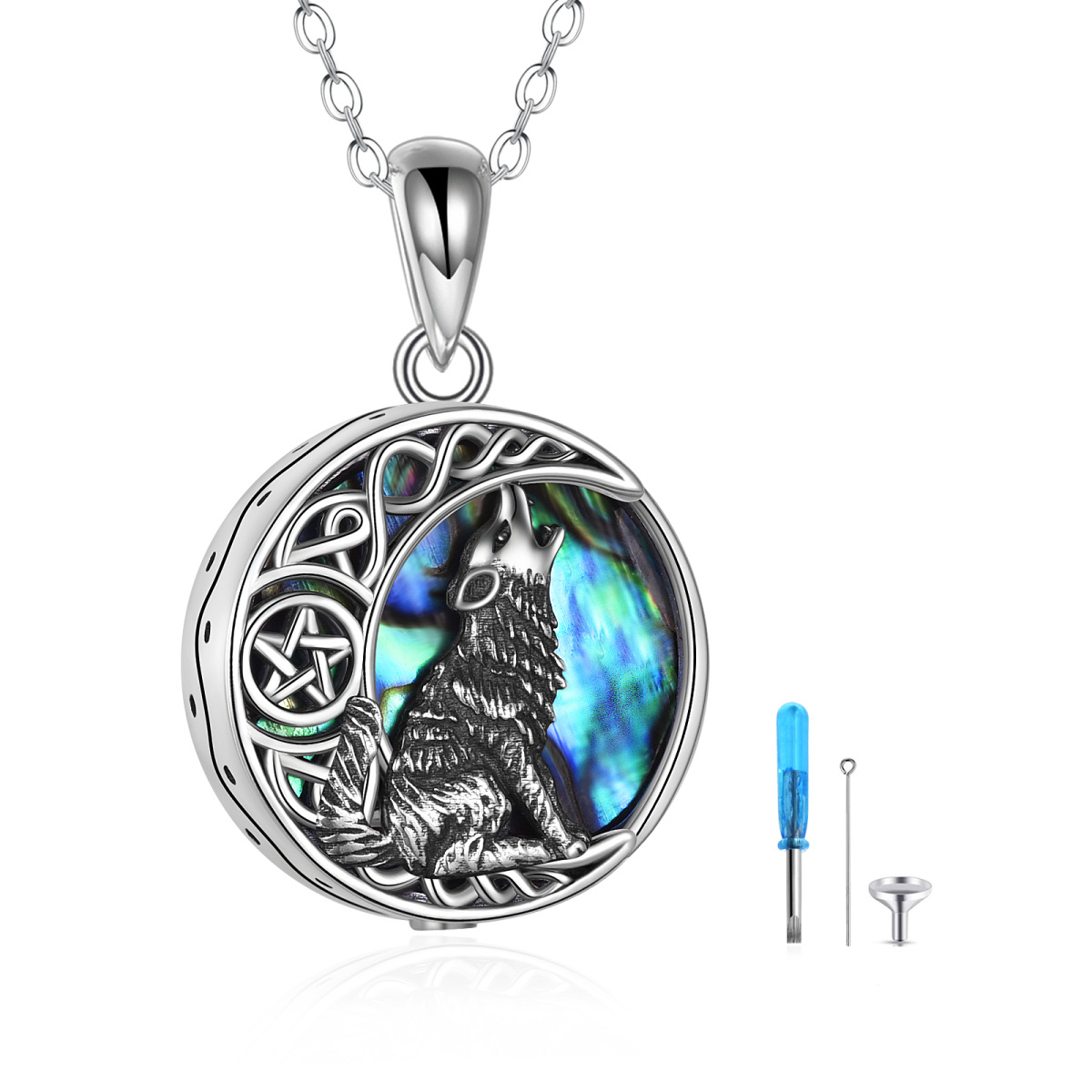 Collier en argent sterling Abalone Shellfish Wolf & Celtic Knot Urn avec Engraved Word (mo-1