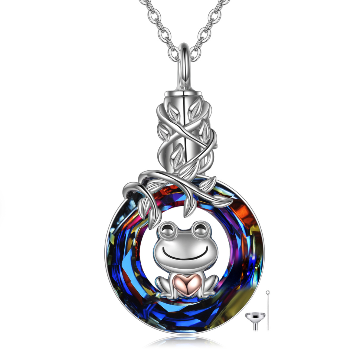 Sterling Silver Two-tone Crystal Frog & Heart Urn Necklace for Ashes-1