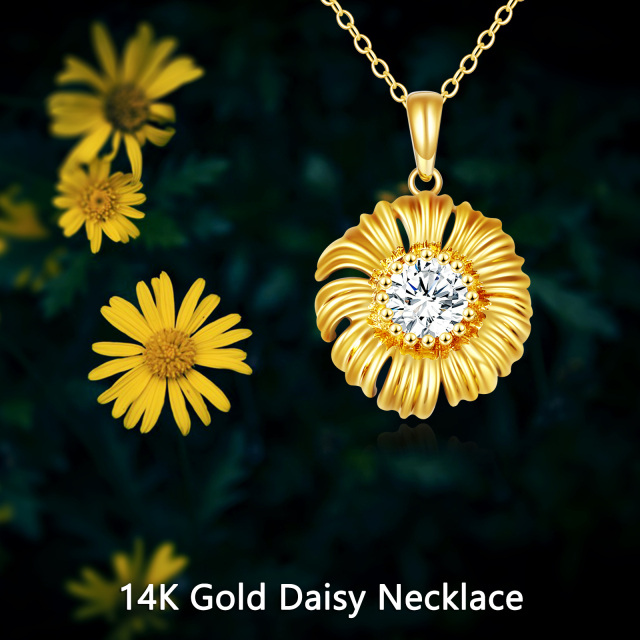 14K Gold Round Cubic Zirconia Daisy Pendant Necklace-4