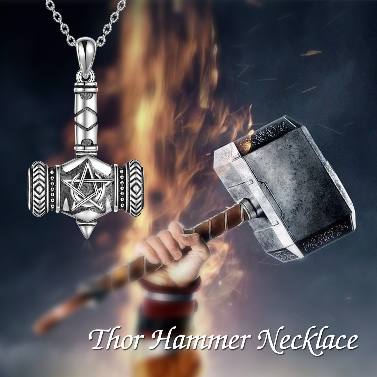 Sterling Silver Thor's Hamme Pendant Necklace-6