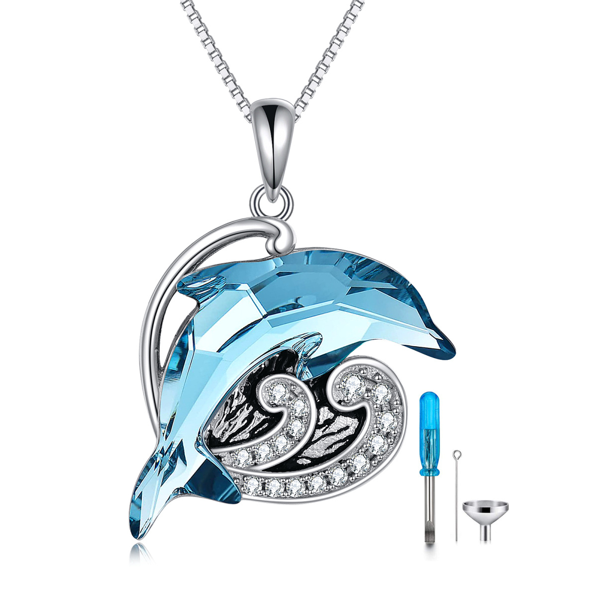 Sterling Silver Crystal & Cubic Zirconia Dolphin & Spray Urn Necklace for Ashes-1