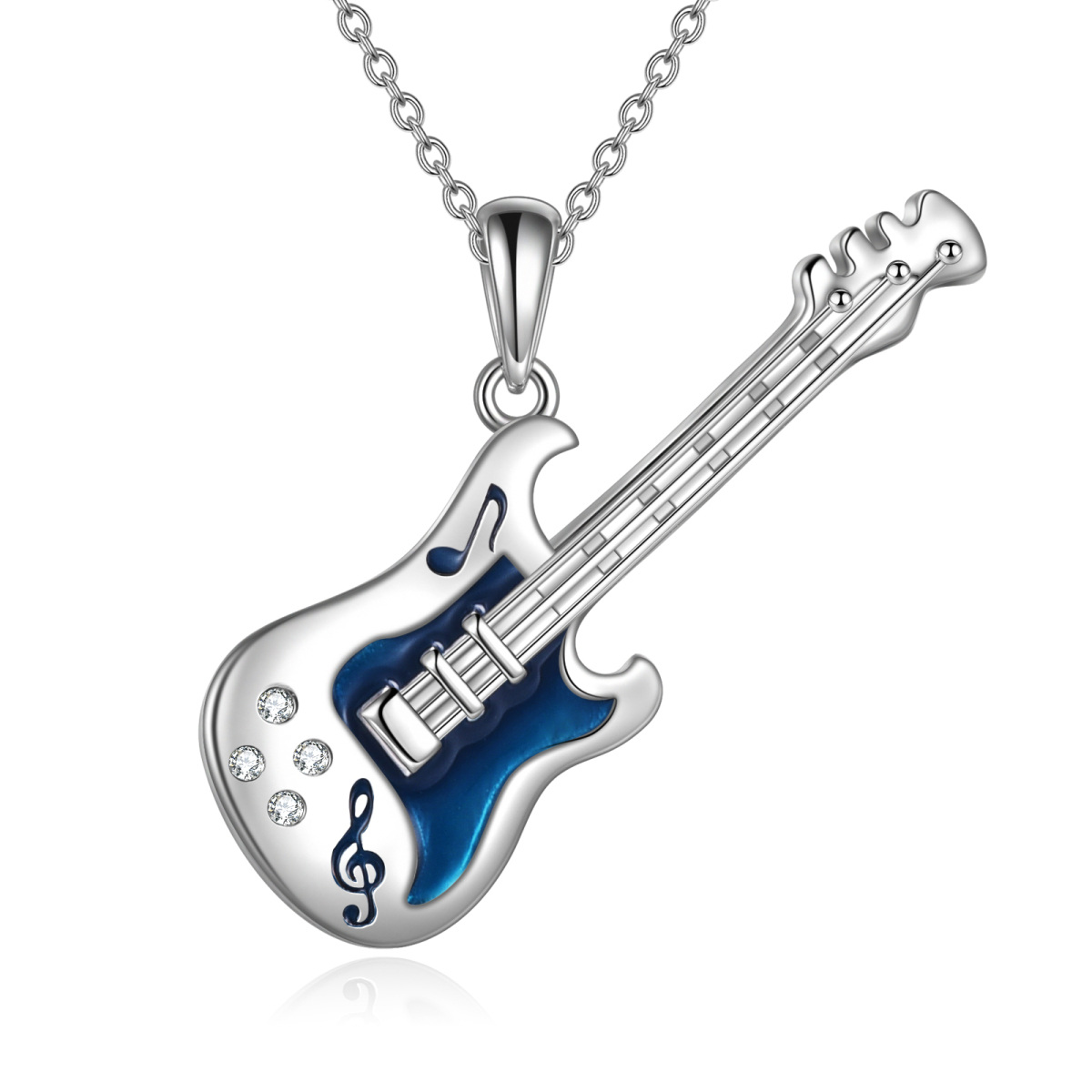 Sterling Silver Circular Shaped Cubic Zirconia Guitar Pendant Necklace with Engraved Word-1