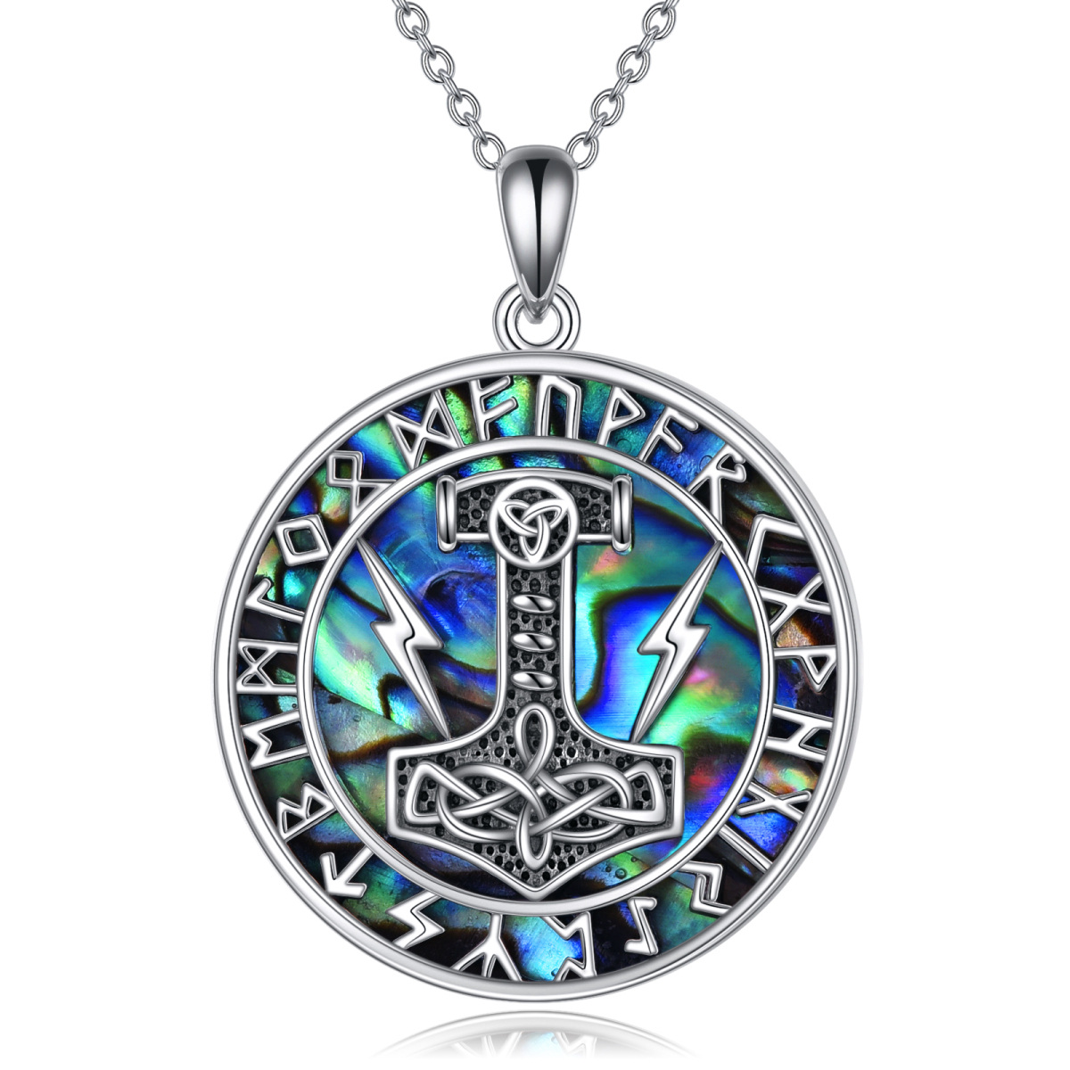 Sterling Silver Circular Shaped Abalone Shellfish Thor's Hammer & Viking Rune Pendant Necklace for Men-1