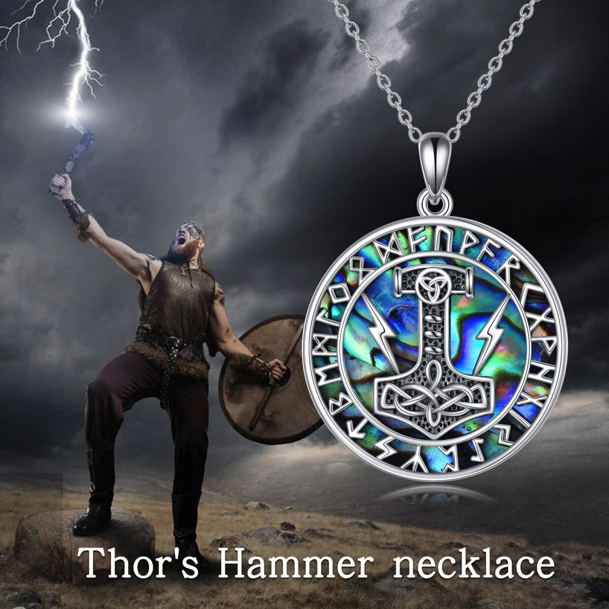 Sterling Silver Circular Shaped Abalone Shellfish Thor's Hammer & Viking Rune Pendant Necklace for Men-6