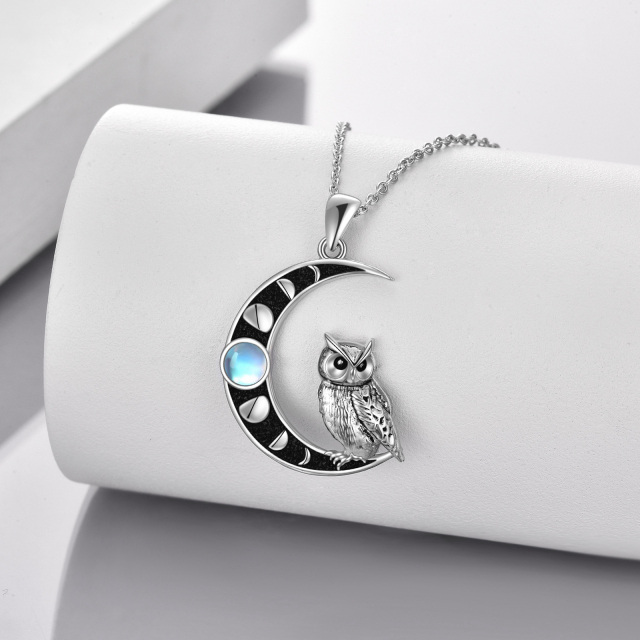 Sterling Silver Round Moonstone Owl & Moon Pendant Necklace-3