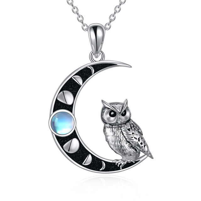Sterling Silver Round Moonstone Owl & Moon Pendant Necklace-0