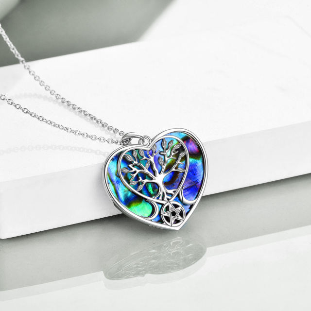 Sterling Silver Heart Abalone Shellfish Tree Of Life Pendant Necklace-2