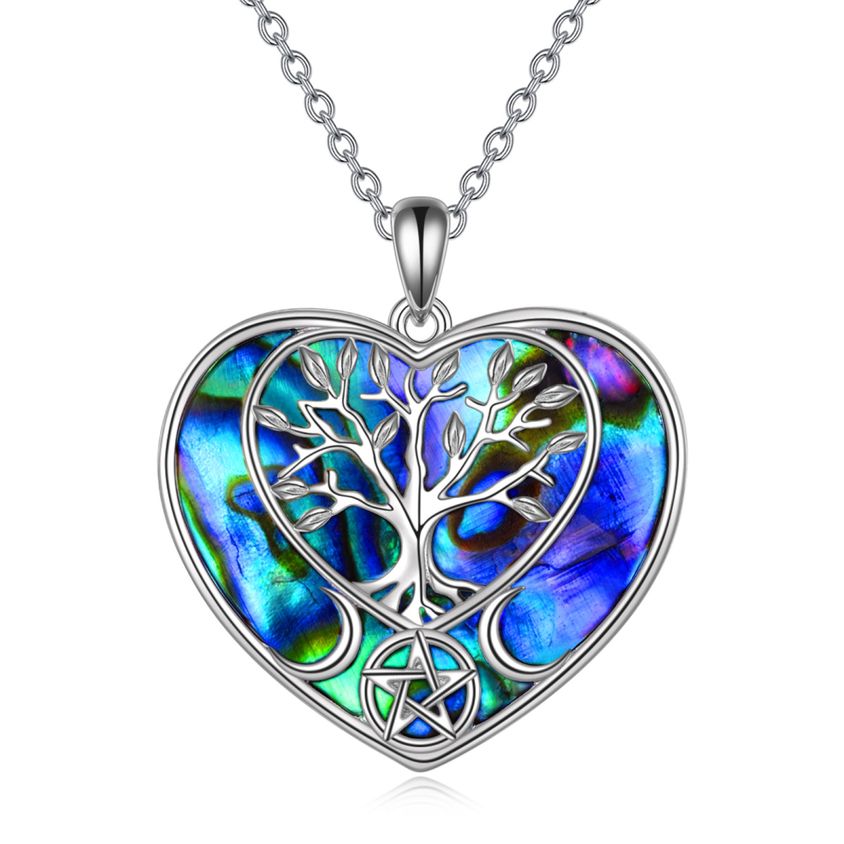 Sterling Silver Heart Abalone Shellfish Tree Of Life Pendant Necklace-1