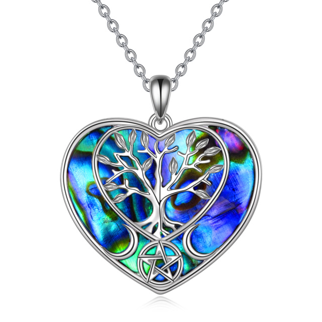 Collier pendentif arbre de vie en argent sterling avec pendentif en forme de cœur d'ormeau et de coquillages-0