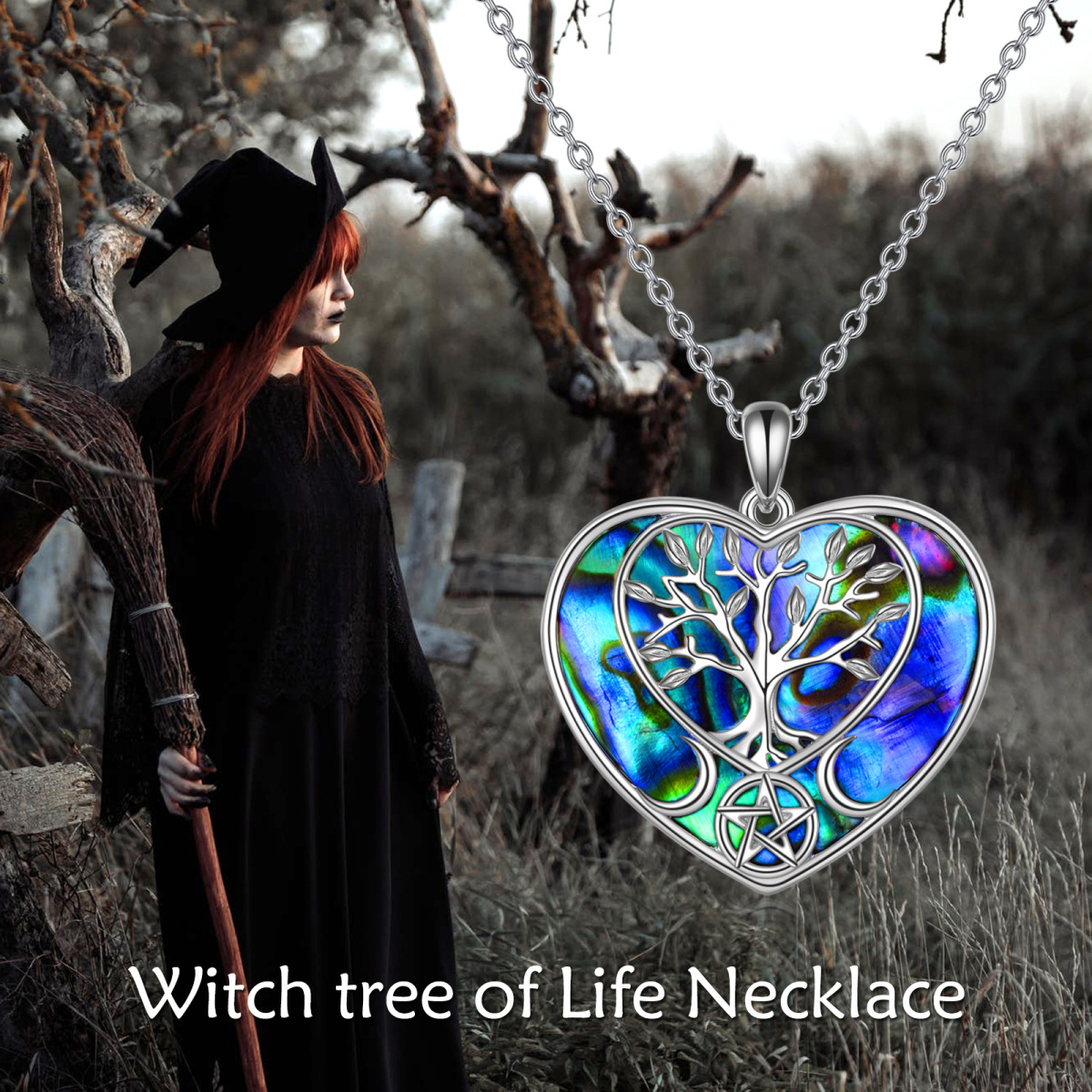 Sterling Silver Heart Abalone Shellfish Tree Of Life Pendant Necklace-6
