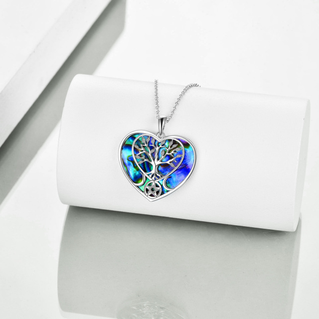 Sterling Silver Heart Abalone Shellfish Tree Of Life Pendant Necklace-3