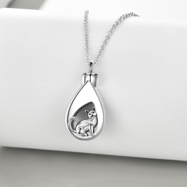Sterling Silver Cat & Drop Shape Urn Necklace for Ashes-2