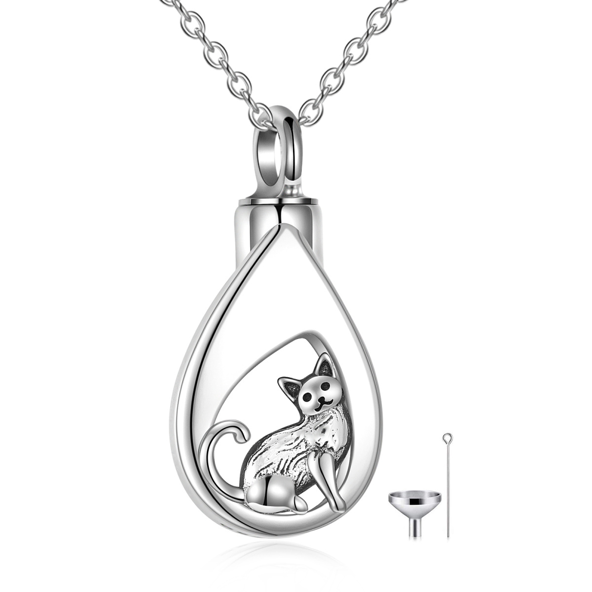 Sterling Silver Cat & Drop Shape Urn Necklace for Ashes-1