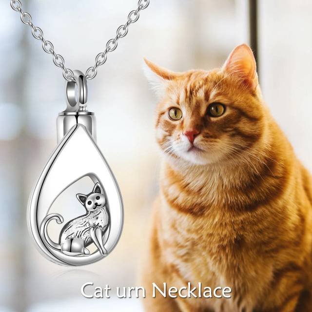 Sterling Silver Cat & Drop Shape Urn Necklace for Ashes-4