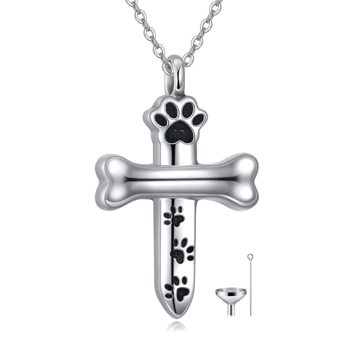 Sterling Silver Paw & Cross Urn Necklace for Ashes with Engraved Word-1
