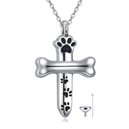 Sterling Silver Paw & Cross Urn Necklace for Ashes with Engraved Word