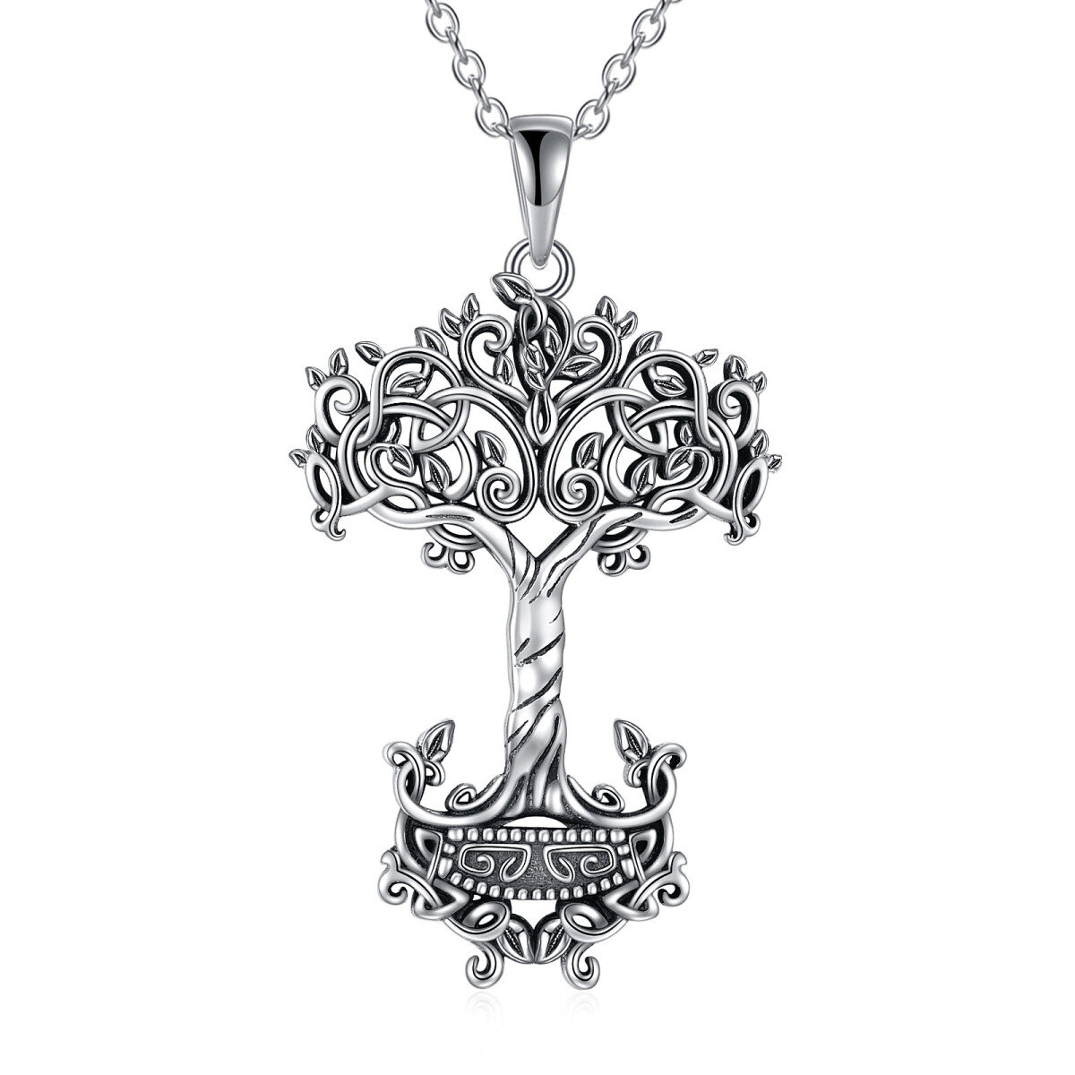 Sterling Silver Tree Of Life & Thor's Hammer Pendant Necklace-1