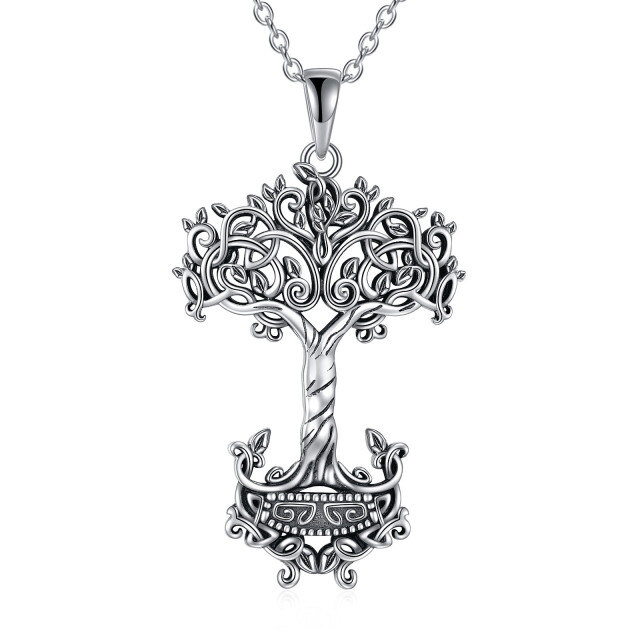 Sterling Silver Tree Of Life & Thor's Hammer Pendant Necklace-0