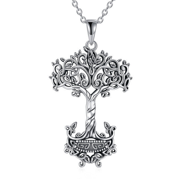 Collier en argent sterling avec pendentif arbre de vie et marteau de Thor-0