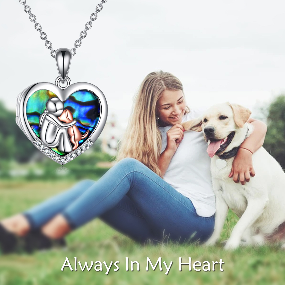 Sterling Silver Two-tone Heart Shaped Abalone Shellfish Dog Personalized Photo Locket Necklace-6