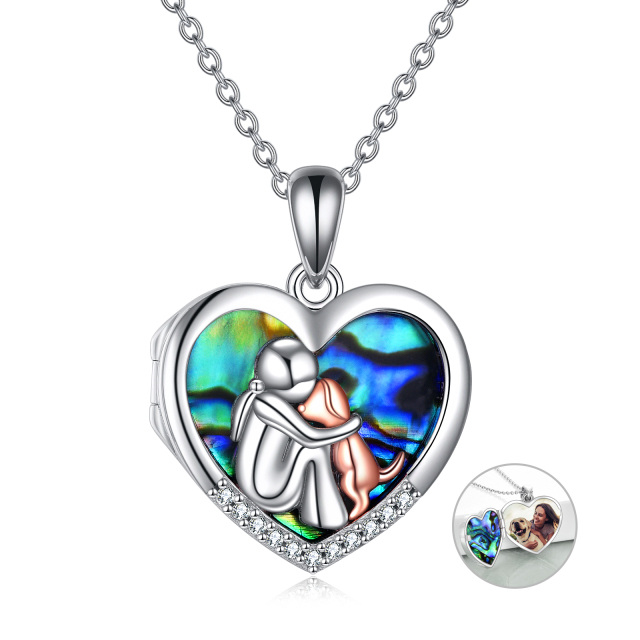 Sterling Silver Two-tone Heart Shaped Abalone Shellfish Dog Personalized Photo Locket Necklace-0