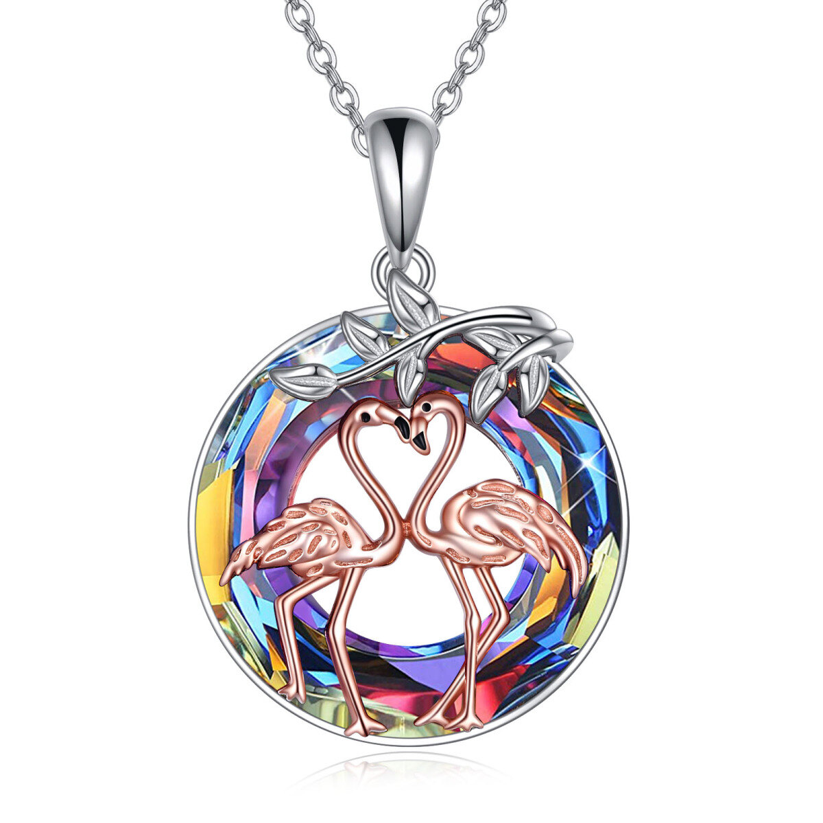 Sterling Silber zweifarbiger kreisförmiger Flamingo-Kristall-Anhänger Halskette-1