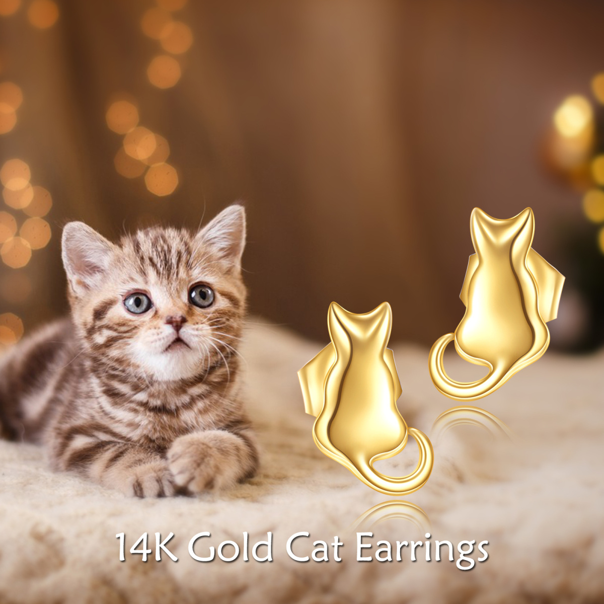 14K Gold Cat Stud Earrings-6