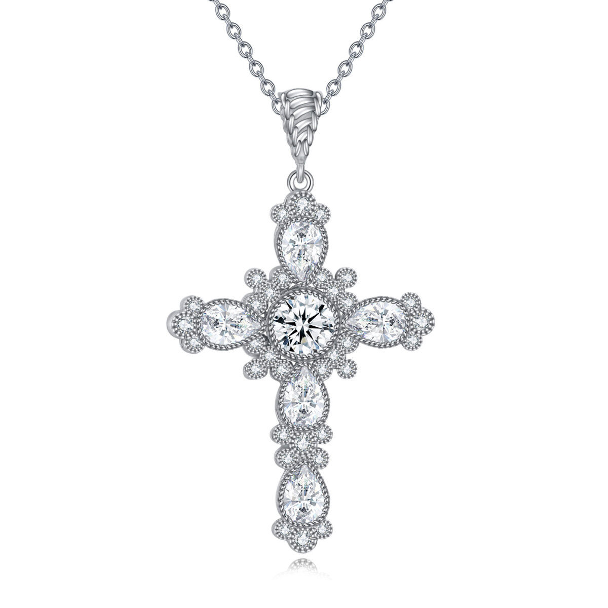 Sterling Silver Pear Shaped Crystal Cross Pendant Necklace-1