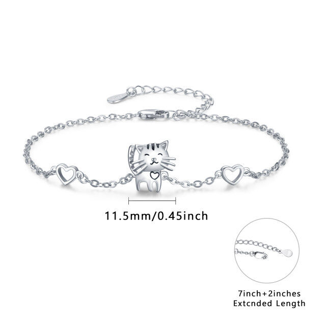 Bracelet en argent sterling avec pendentif chat et coeur-2