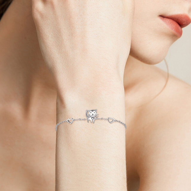 Pulsera de plata de ley con colgante de gato y corazón-1