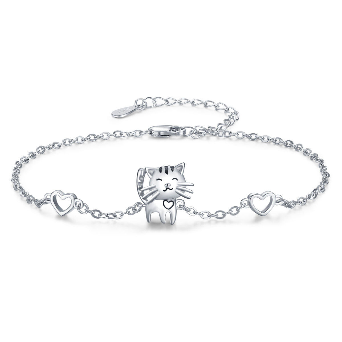 Sterling Silver Cat & Heart Pendant Bracelet-1