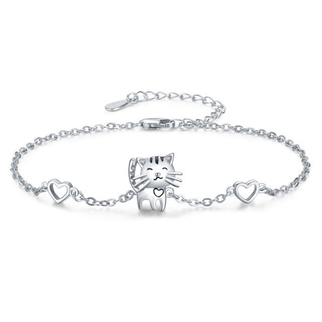 Bracelet en argent sterling avec pendentif chat et coeur-0