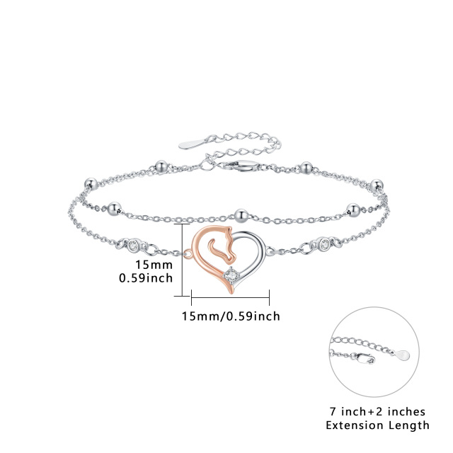 Sterling Silver Two-tone Circular Shaped Zircon Horse & Heart Layerered Bracelet-3