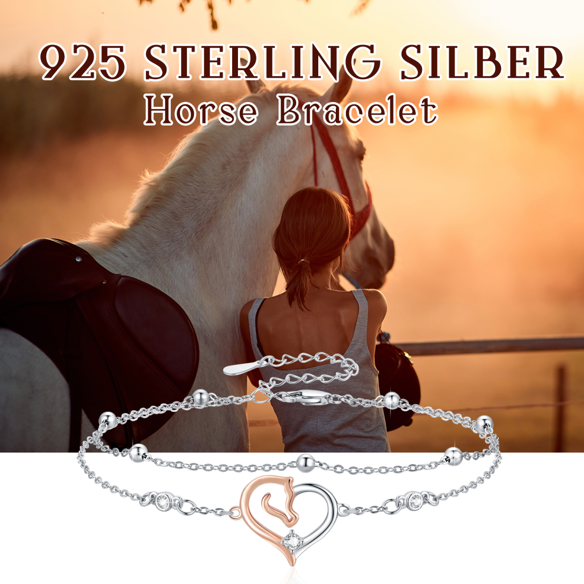 Sterling Silver Two-tone Circular Shaped Zircon Horse & Heart Layerered Bracelet-5