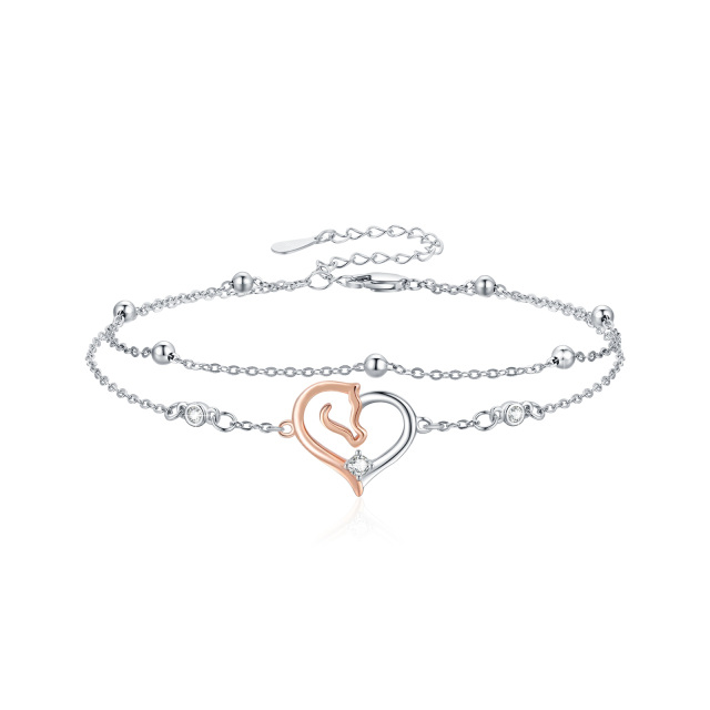 Sterling Silver Two-tone Circular Shaped Zircon Horse & Heart Layerered Bracelet-0