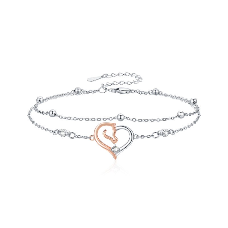 Sterling Silver Two-tone Circular Shaped Zircon Horse & Heart Layerered Bracelet