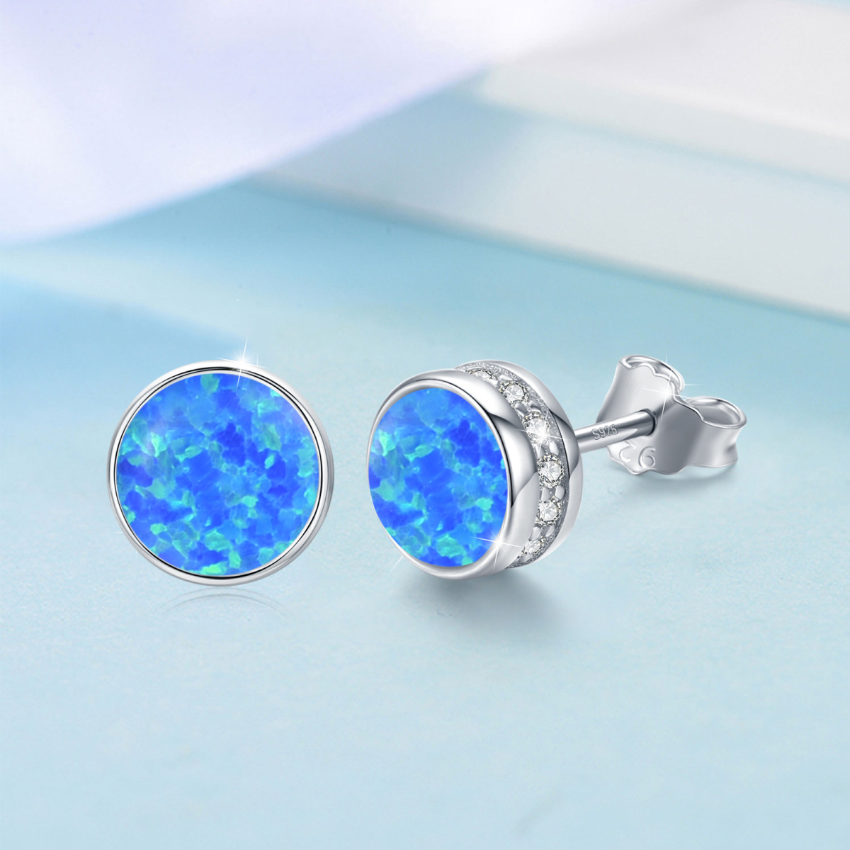 Sterling Silver Circular Shaped Opal Round Stud Earrings-5