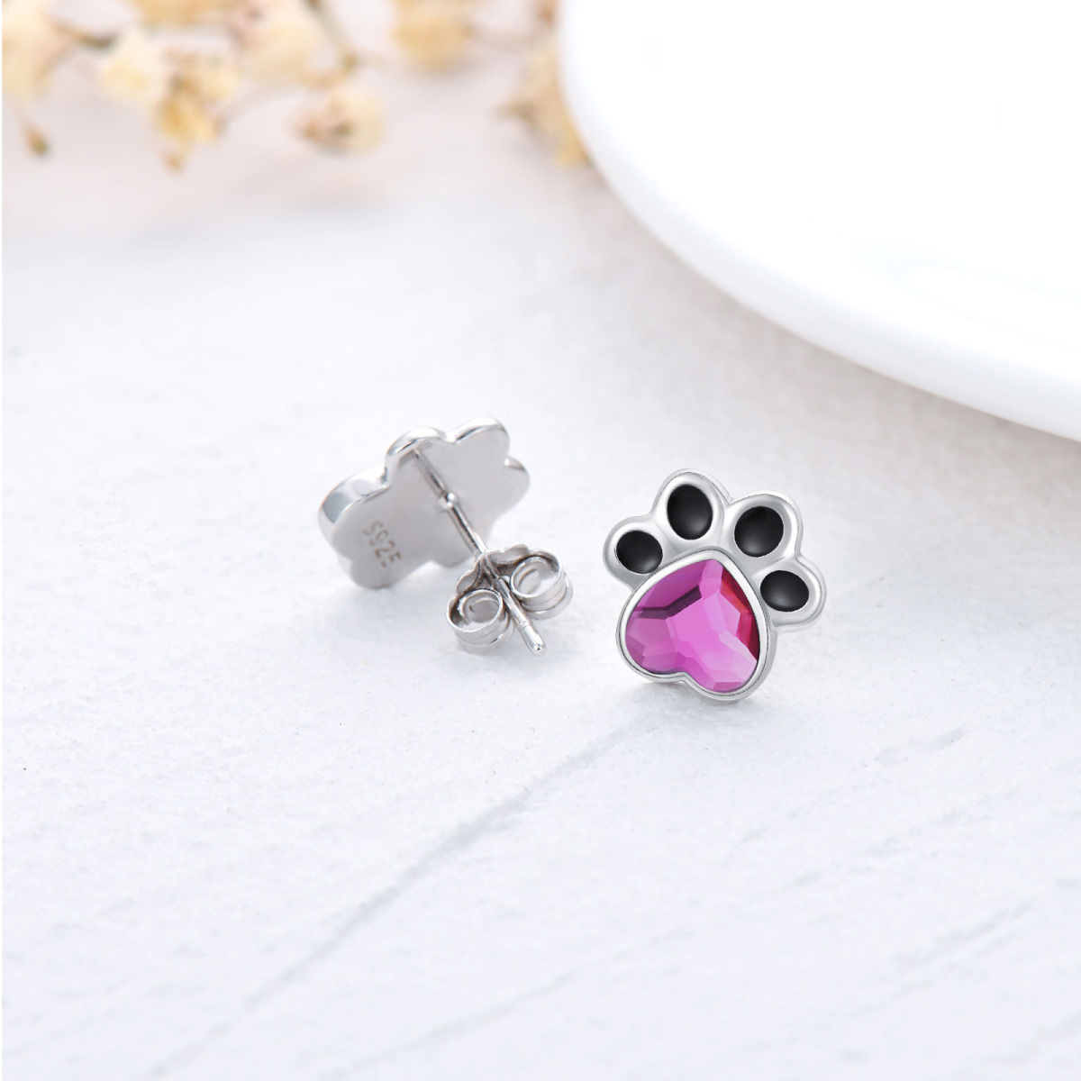 Sterling Silver Heart Shaped Crystal Paw Stud Earrings-4